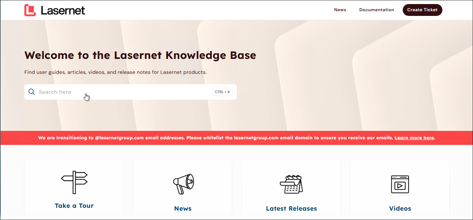 The mouse pointer over the search box on the knowledge base home page.